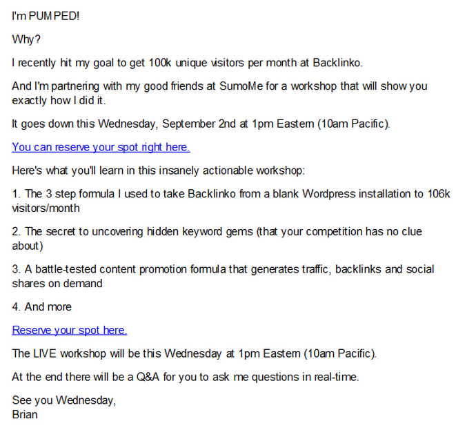 My email to my list to promote my webinar